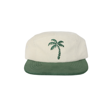A two-tone corduroy hat with a green brim and white crown, featuring an embroidered palm tree on the front.
