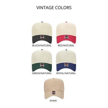 Collection of baseball caps in various vintage color combinations on a white background.