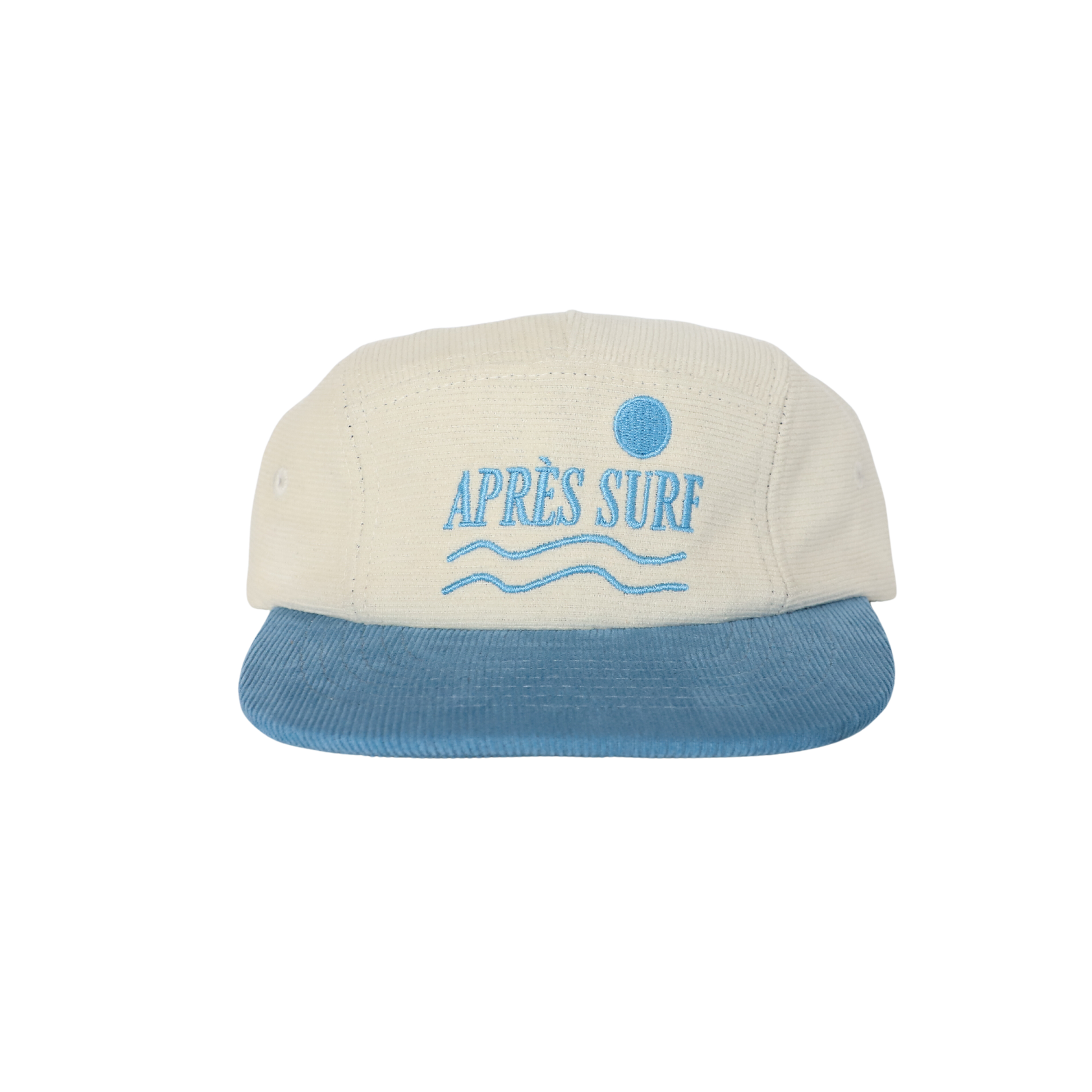 A beige and blue corduroy five-panel hat with 'APRÉS SURF' embroidered on the front panel.