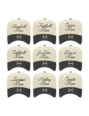 A collection of custom embroidered hats with various sports names such as Baseball Mom, Soccer Mom, and Dance Mom, among others, in a vintage style.