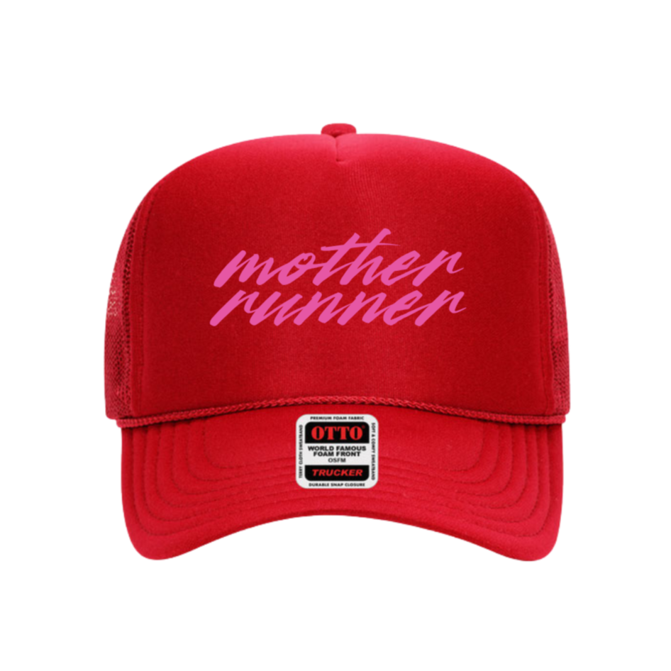 Red cap with pink text 'mother runner' on a white background