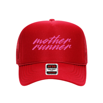 Red cap with pink text 'mother runner' on a white background
