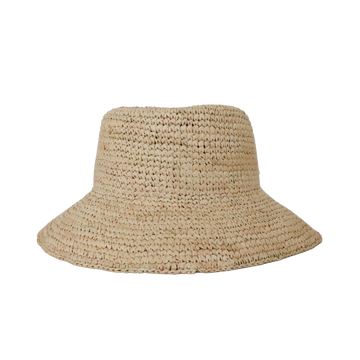 A beige raffia sun hat with a flexible brim, displayed against a plain background.