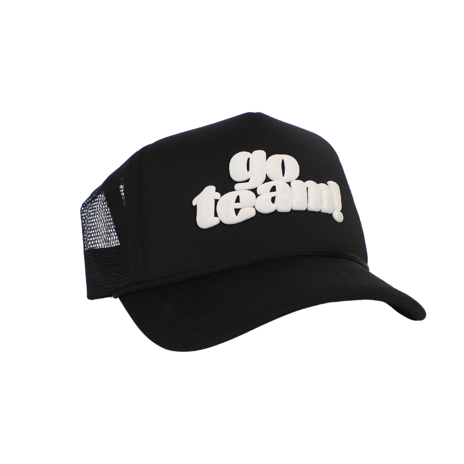 A black trucker hat with the text 'GO TEAM' printed in white on the front panel.