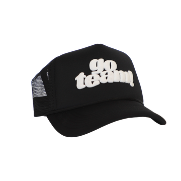 A black trucker hat with the text 'GO TEAM' printed in white on the front panel.