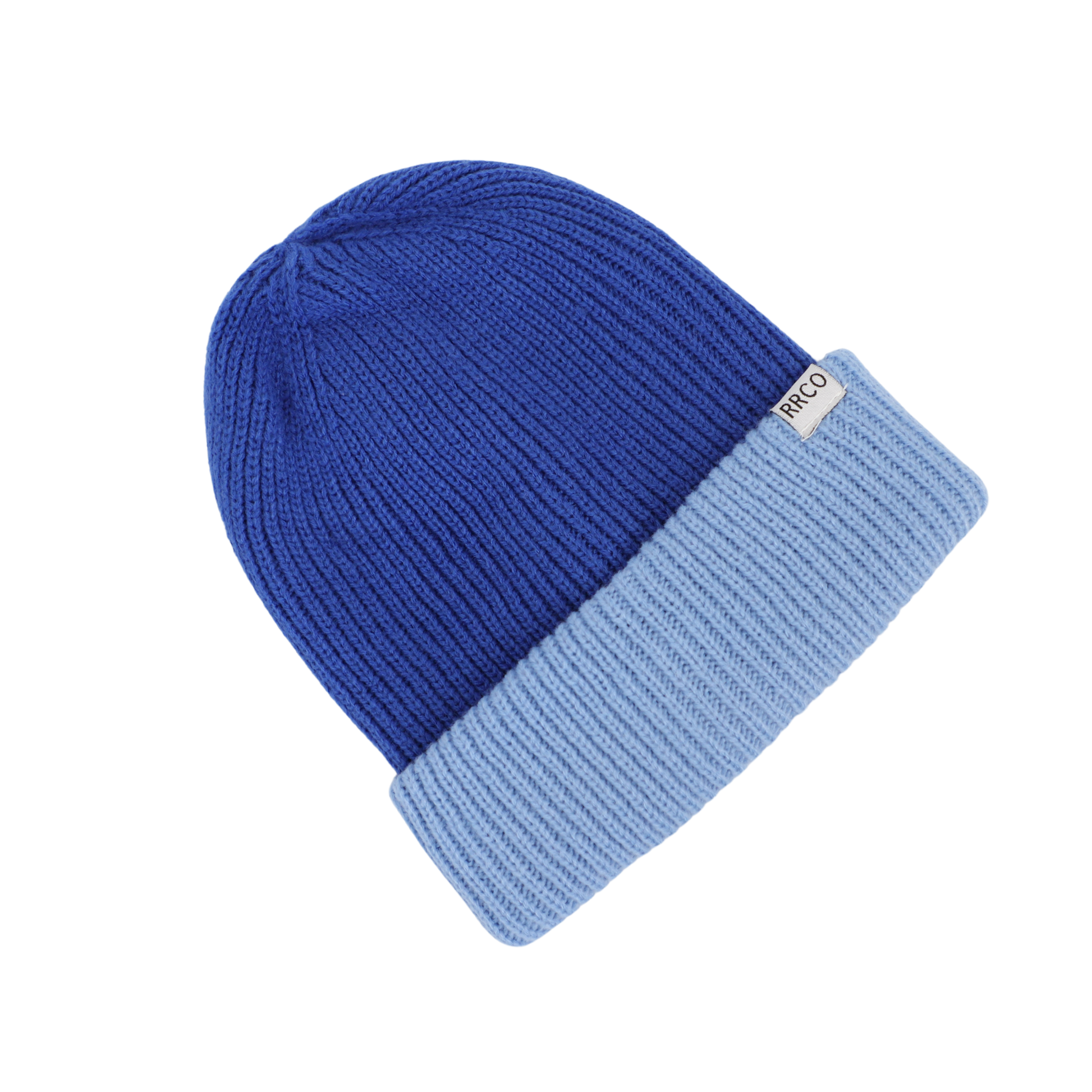 A thick knit beanie with a fold-over cuff, featuring dark blue at the top and light blue at the bottom.