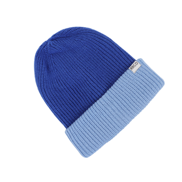A thick knit beanie with a fold-over cuff, featuring dark blue at the top and light blue at the bottom.