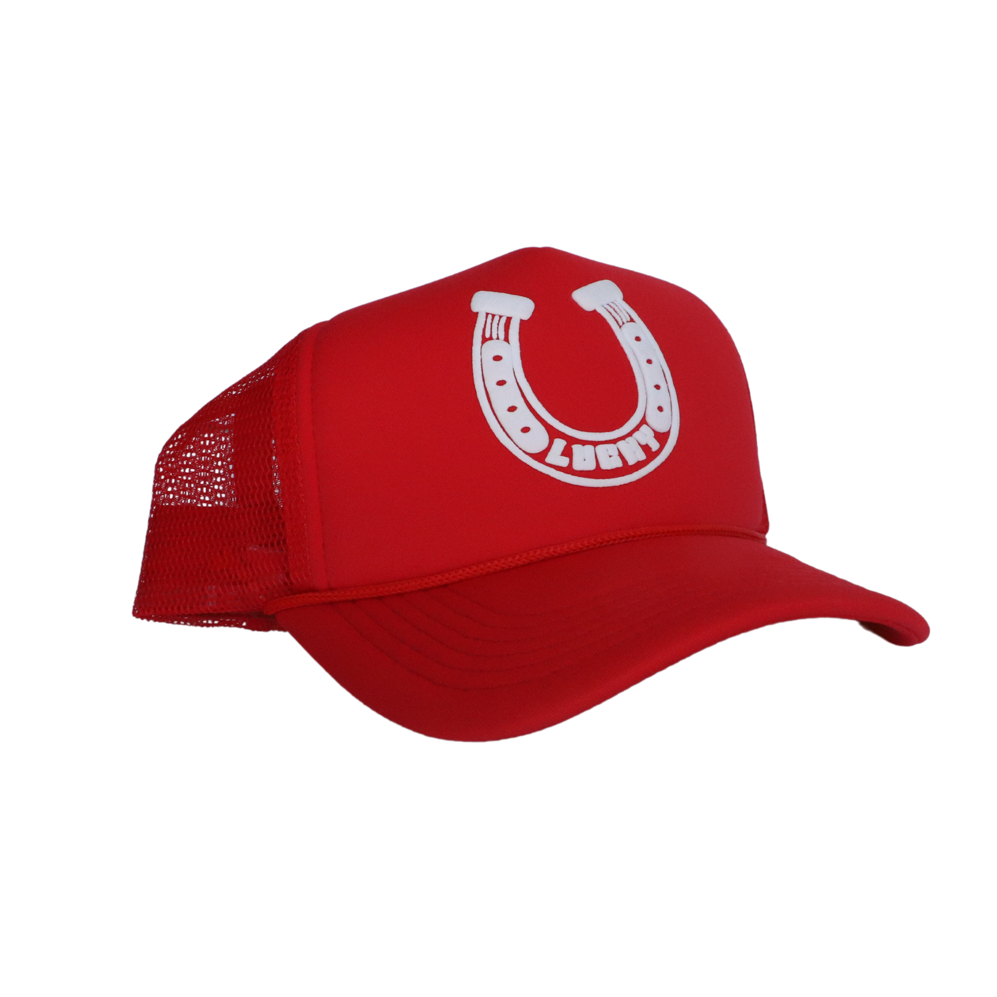 A red trucker hat with a white padded front panel featuring a rope and horseshoe design.