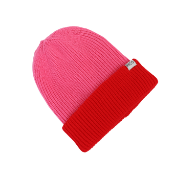 A thick knit beanie with a red and pink color scheme, with a fold-over cuff.