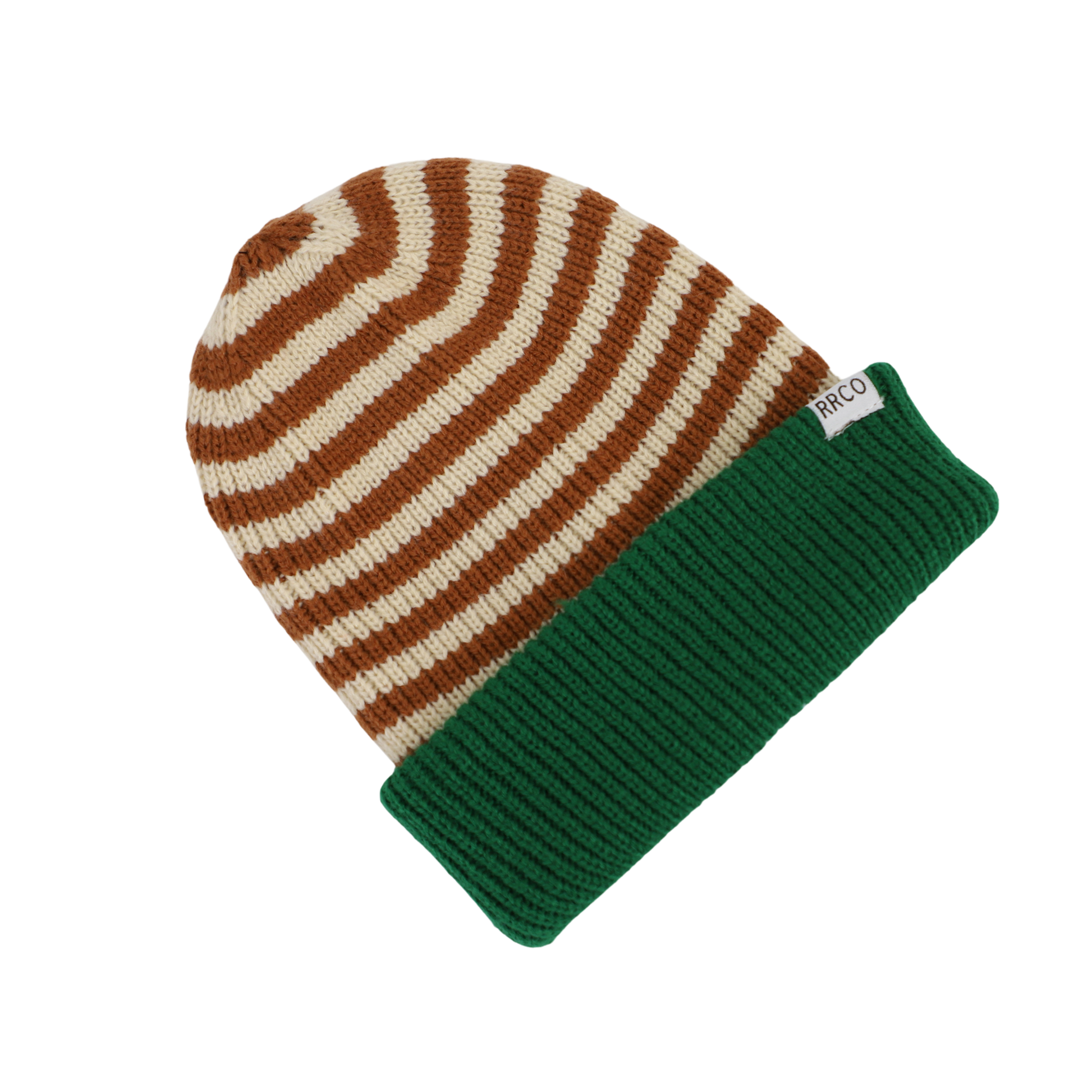 A striped beanie hat with green and beige colors, with a fold-over cuff.