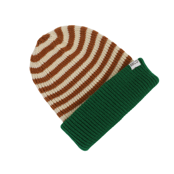 A striped beanie hat with green and beige colors, with a fold-over cuff.