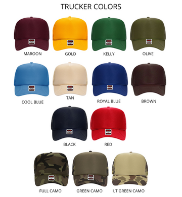 Collection of trucker hats in various colors on a white background