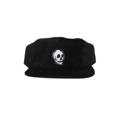 A black corduroy five-panel hat with a white embroidered skull design on the front panel, suitable for kids and adults.