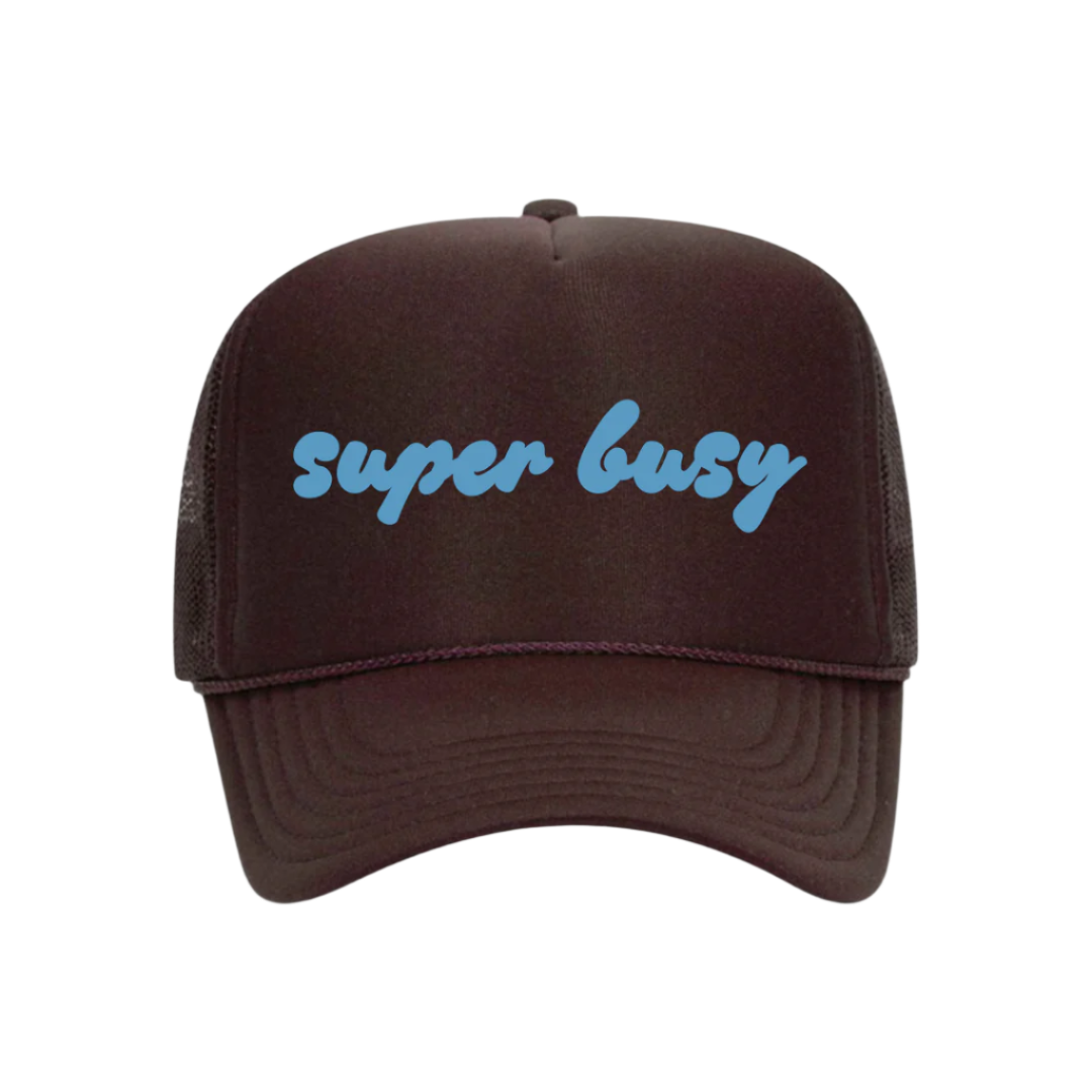 Brown cap with 'super busy' text in blue on a white background