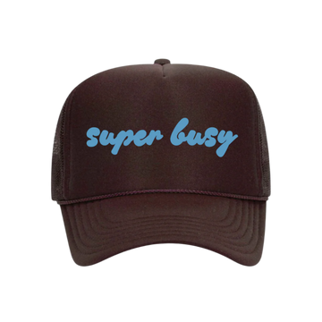 Brown cap with 'super busy' text in blue on a white background