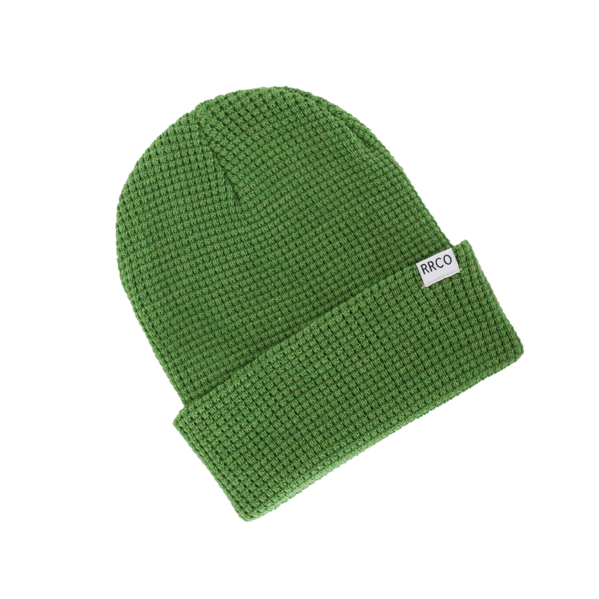 Green waffle knit beanie with a fold-over cuff, branded with 'RAD RIVER CO.' on the fold-over cuff.