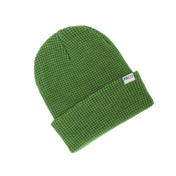 Green waffle knit beanie with a fold-over cuff, branded with 'RAD RIVER CO.' on the fold-over cuff.