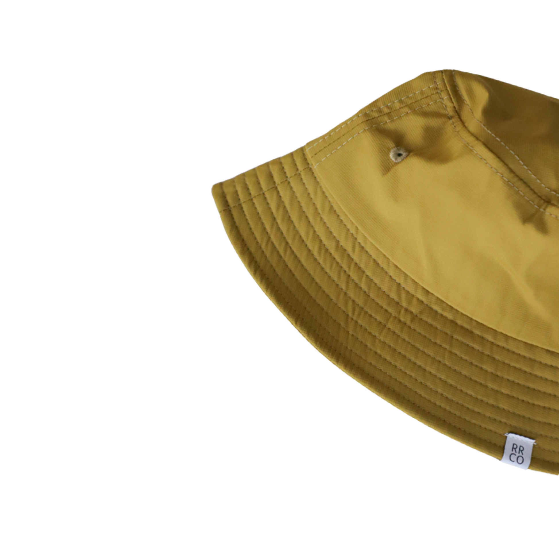 A yellow nylon bucket hat displayed against a plain background.