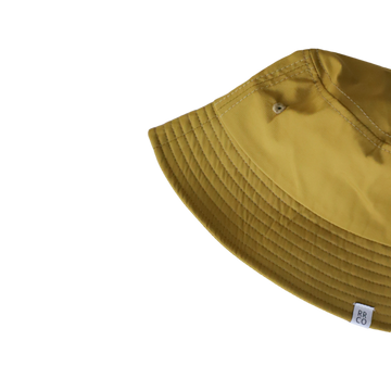 A yellow nylon bucket hat displayed against a plain background.