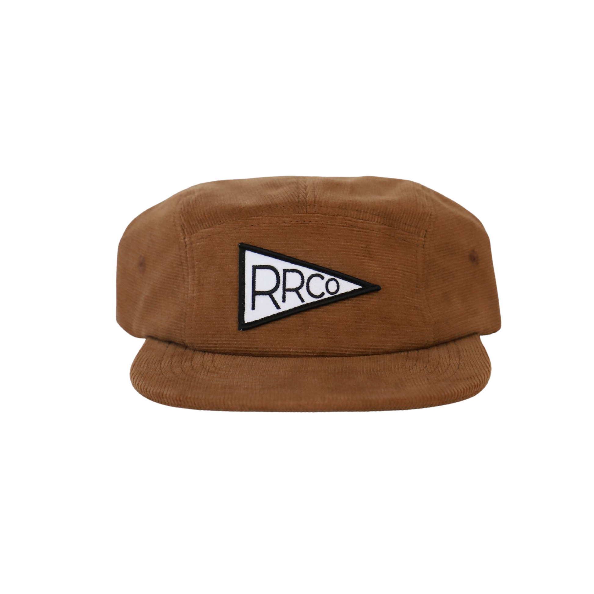 A brown five-panel corduroy hat with a black and white embroidered pennant logo on the front, featuring an adjustable velcro back and fabric eyelets on the side.