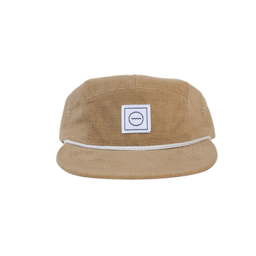 A stone-colored corduroy five-panel hat with a white rope detail around the crown and an adjustable velcro back, suitable for kids and adults.