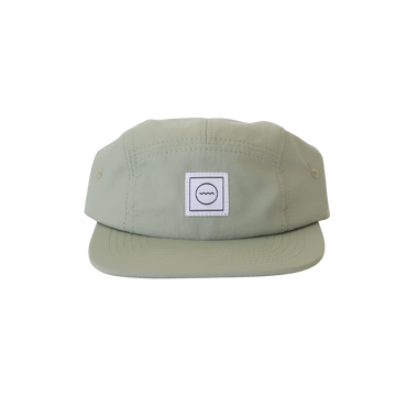 A sea foam green five-panel nylon hat with an adjustable velcro back and fabric eyelets on the side panels.