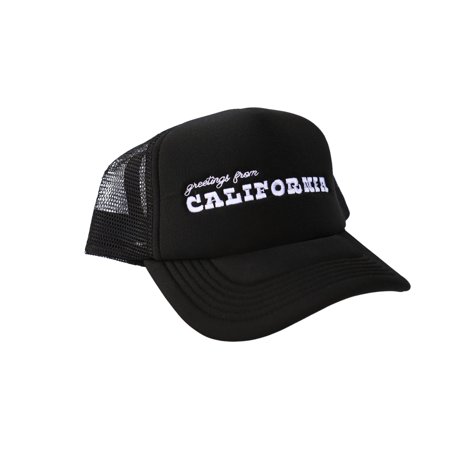 A black trucker hat with a mesh back and 'Greetings from California' embroidered on the front.