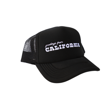 A black trucker hat with a mesh back and 'Greetings from California' embroidered on the front.