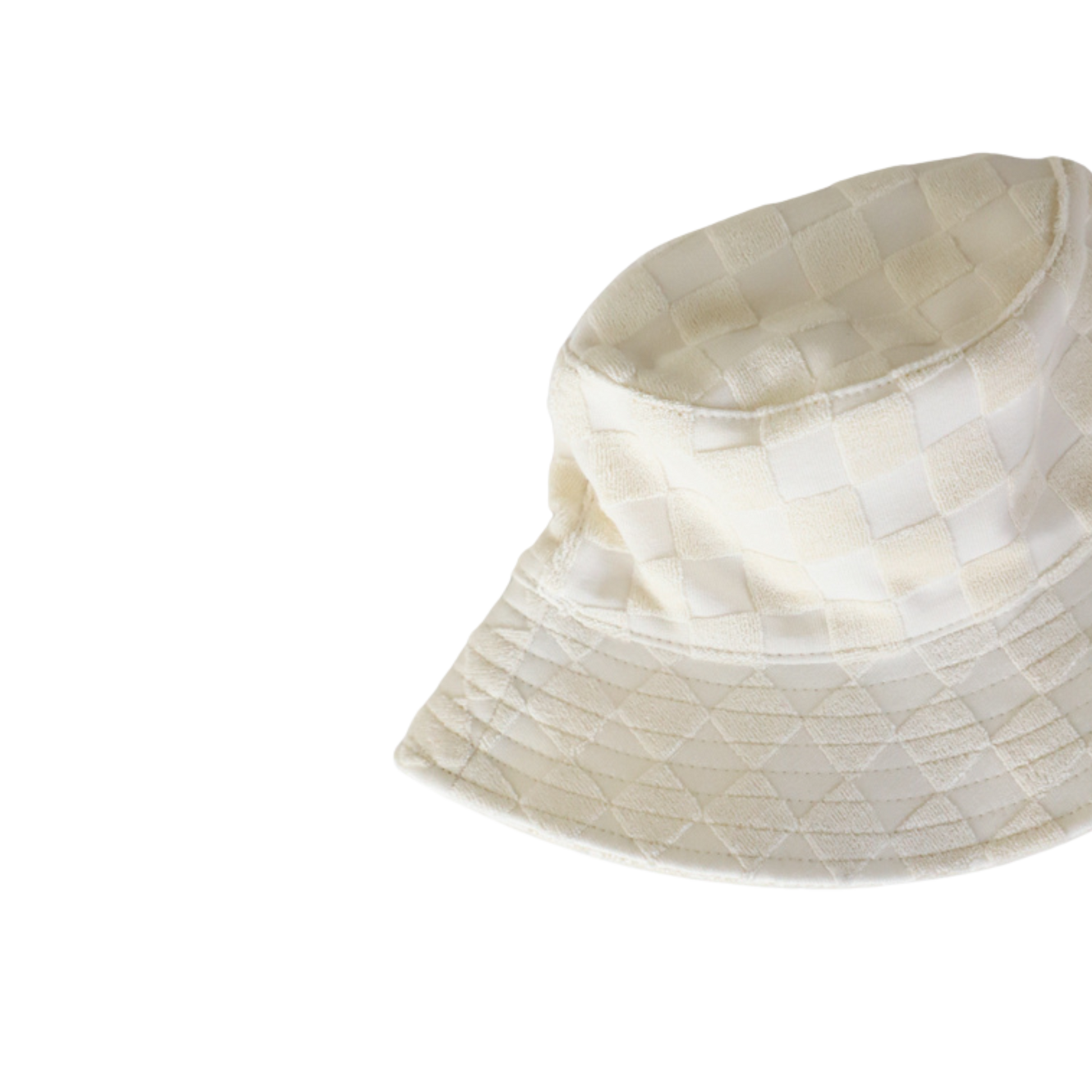 A beige bucket hat with a checkered pattern.