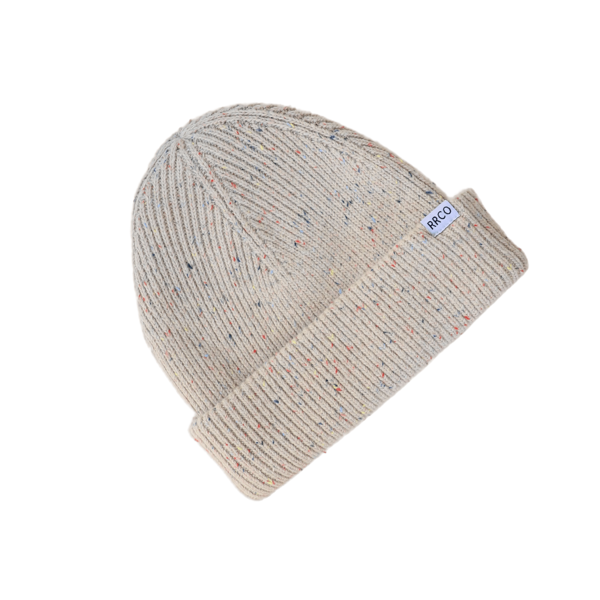 A beige thick knit beanie with a fold-over cuff, speckled with various colors.