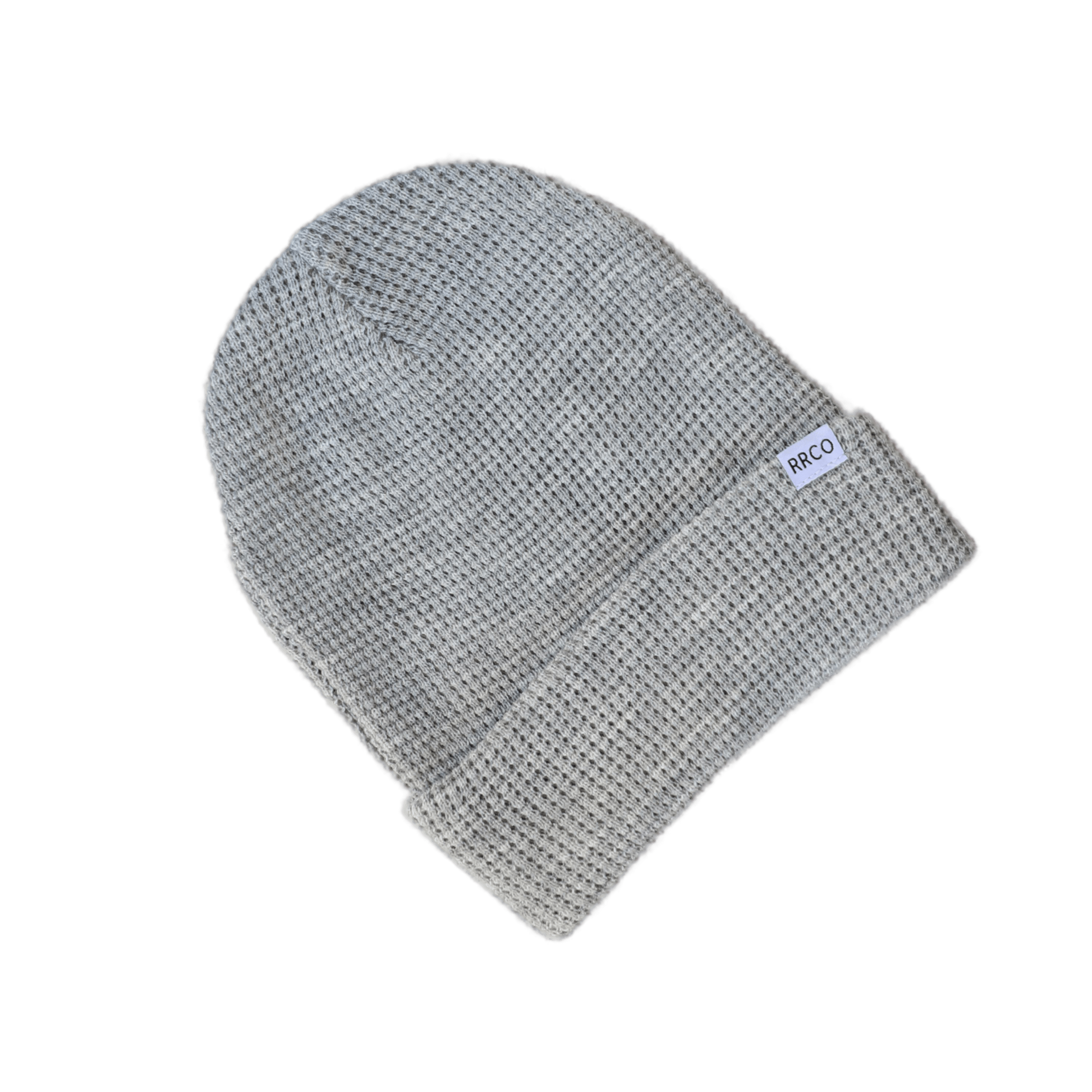 A gray waffle knit beanie with a fold-over cuff, displayed on a neutral background.