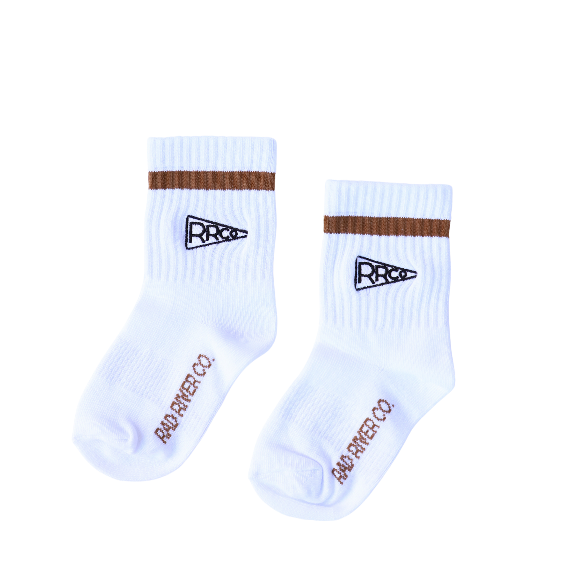 A pair of white socks with a brown band and logo, against a white background.