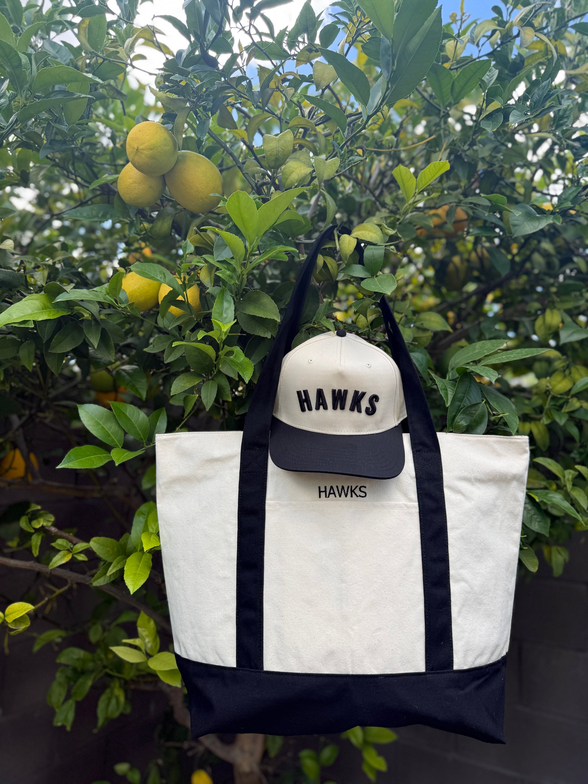 Tote bag with 'HAWKS' cap hanging on a lemon tree