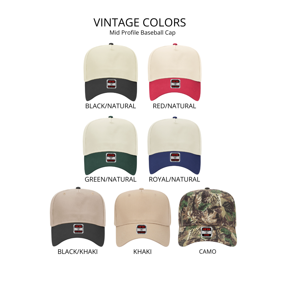 Collection of vintage color baseball caps on a white background