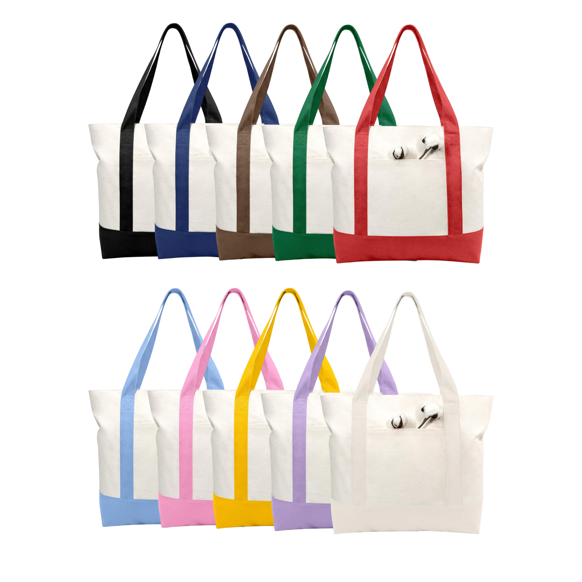 Set of colorful tote bags with white backgrounds