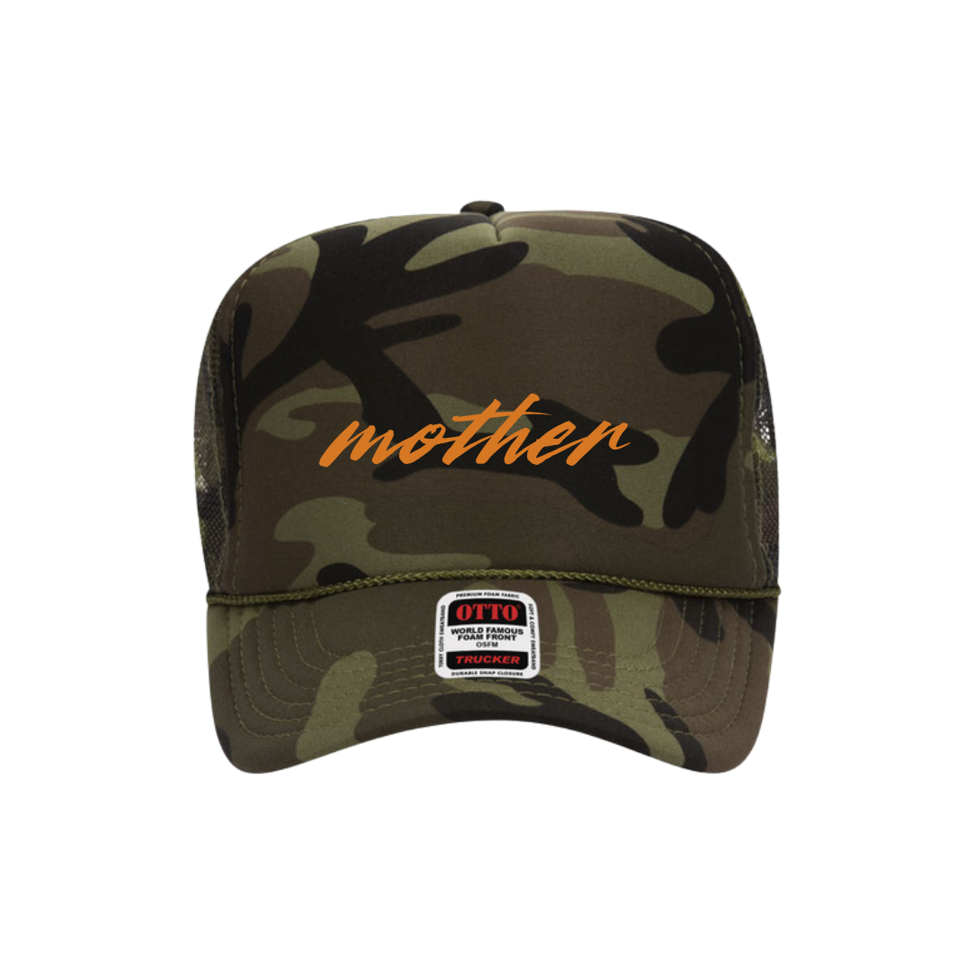 Camouflage cap with 'mother' text and OTTO logo on a white background