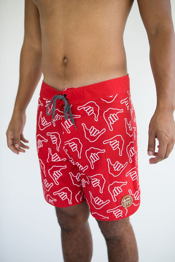 Men's Retro Boardshorts in Red Shaka