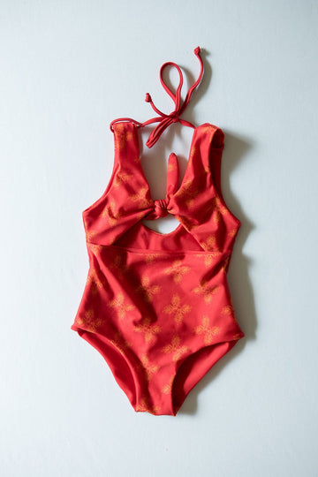 Girl's Cutout One Piece in Red Breadfruit Bandana