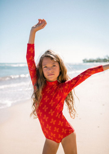 Girl's Long Sleeve Zip Up in Red Breadfruit Bandana