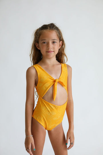 Girl's Cutout One Piece in Yellow Ohia Lehua Print