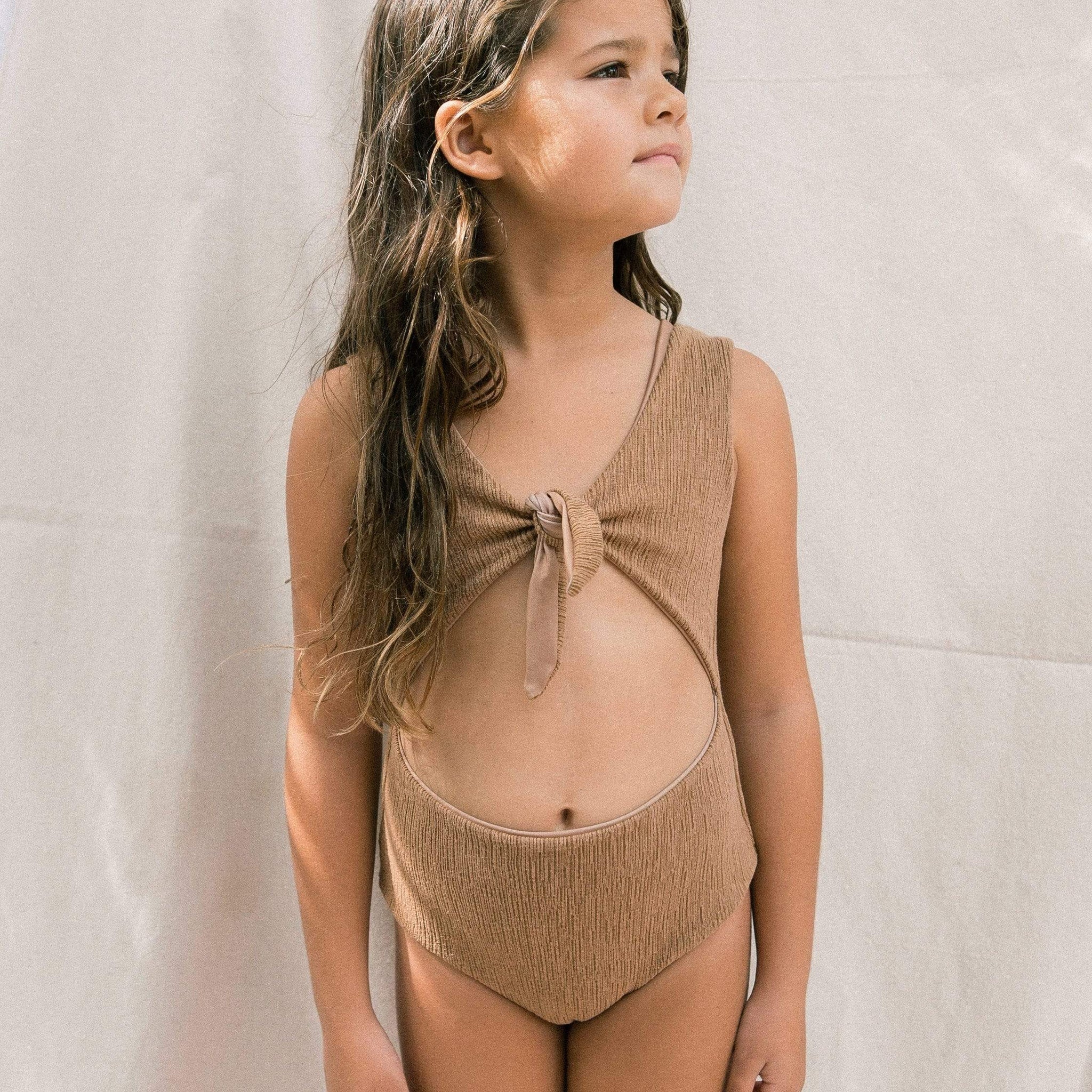 Girl's Cutout One Piece in Camel Texture