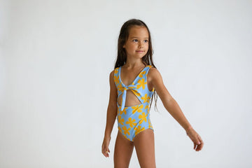 Girl's Cutout One Piece in Light Blue Plumeria