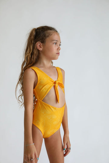 Girl's Cutout One Piece in Yellow Ohia Lehua Print