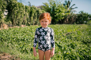 Girl's Long Sleeve Zip Up in Black Plumeria