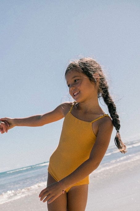 Girl's Strappy One Piece in Yellow Ribbed