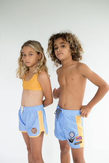 Kid’s Boardie Watershorts in Light Blue and Yellow Colorblock