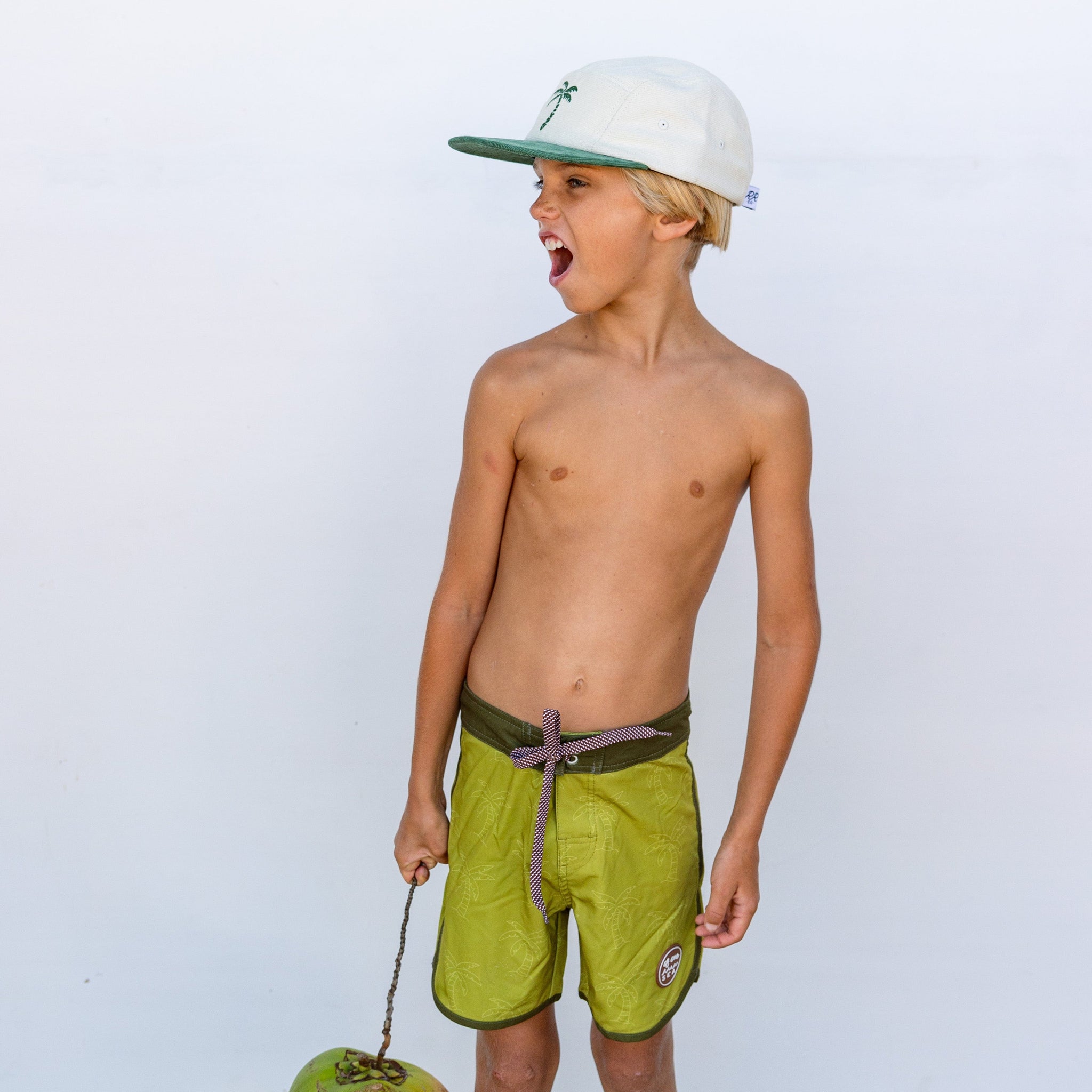 Kid’s Retro Boardshorts in Green Palm Trees