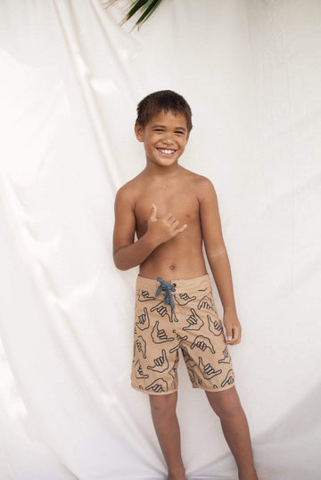 Kid’s Retro Boardshorts in Tan Shaka