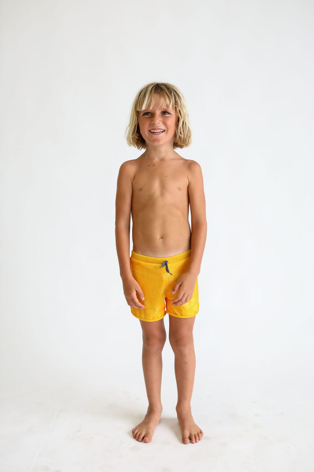 Toddler Soft Shorts for Swim in Yellow Ohia Lehua Print