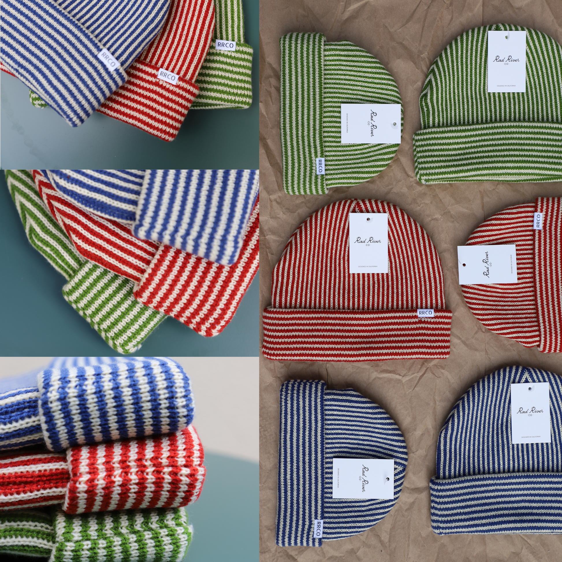 Collection of striped beanies in various colors on a brown surface.